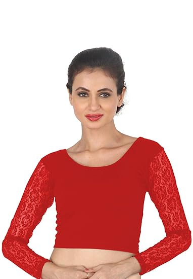 Womens Girls Cotton Lycra Strechable Round Neck Net Full Sleeves Readymade Saree Blouse Crop Top (Fits Bust Size 30-36 '')