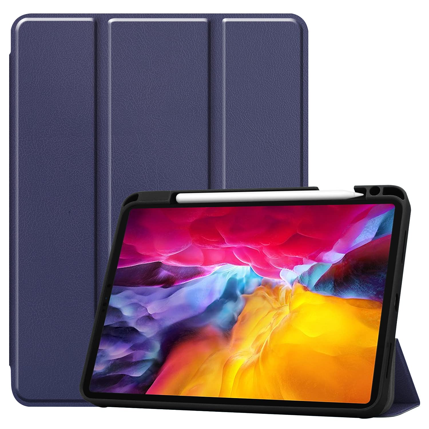 Tri-fold Stand Case for iPad Pro 11-inch 2021 with Pencil Holder, PU Front and TPU Back Full-Body Protective Tablet Magnetic Flip Cover【Apple Pencil Charging + Auto Sleep/Wake】 (Blue)