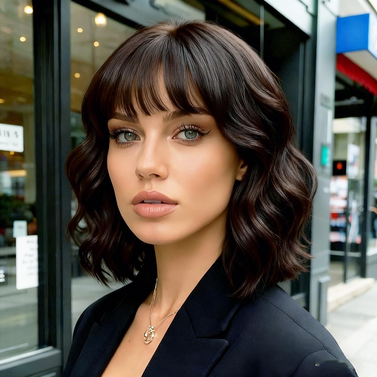 Yamel Wavy Bob Wig with Bangs Natural Brown Wig Synthetic Hair Shoulder Length Short Curly Wigs for Women — image 1