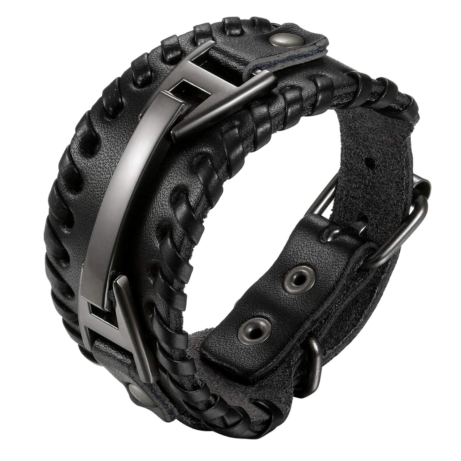 Cupimatch Men Black Adjustable Wide Leather Bracelet, Alloy Punk Braided Belt Cuff Bangle Wristband 7.8 inch for Fathers Day