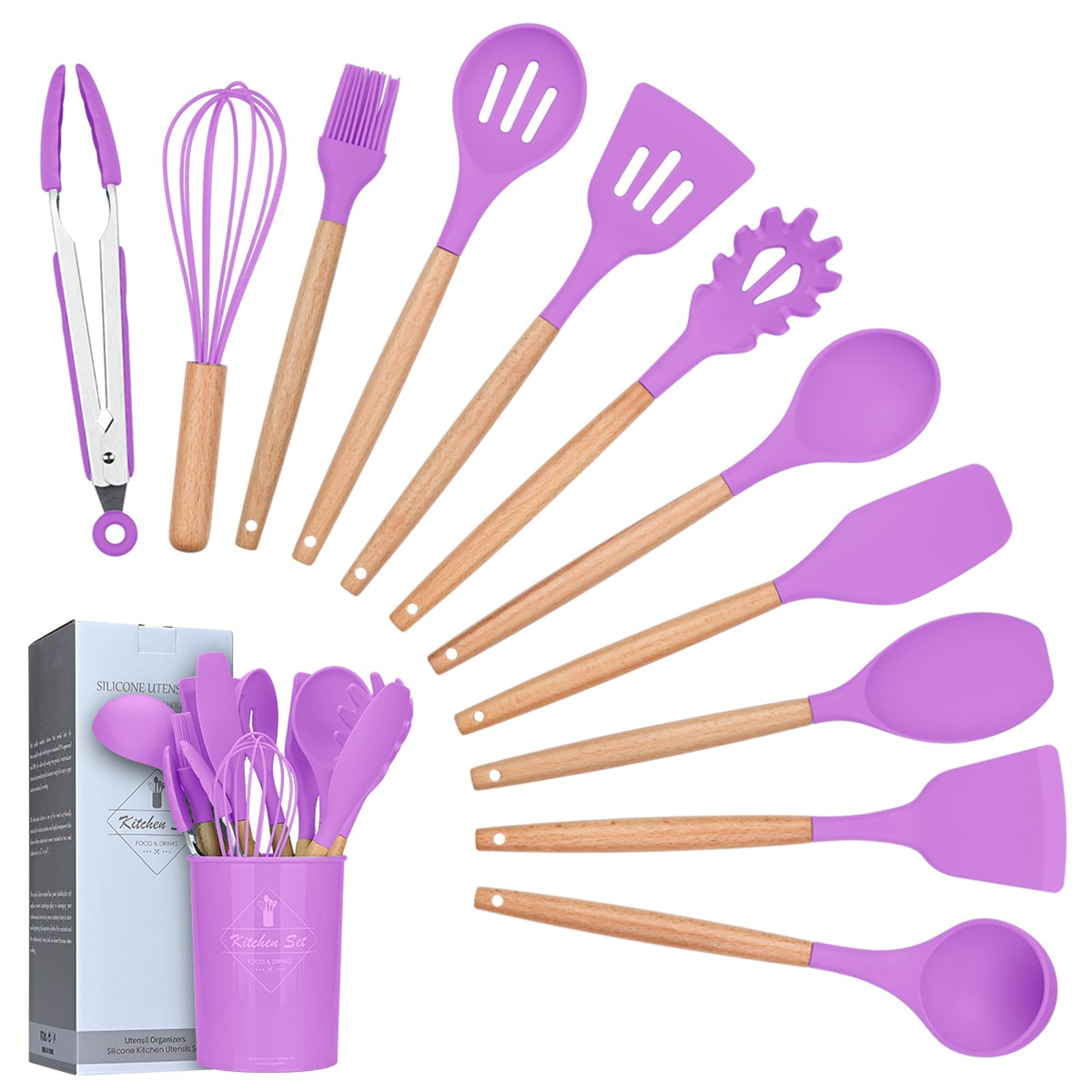 Lychee Kitchen Utensil Set Silicone Cooking Utensils - 12 Pieces Cooking Spatula Turner Heat Resistant Tools with Wooden Handle for Nonstick Non Scratch Cookware Kitchen Gadgets Set (Purple)