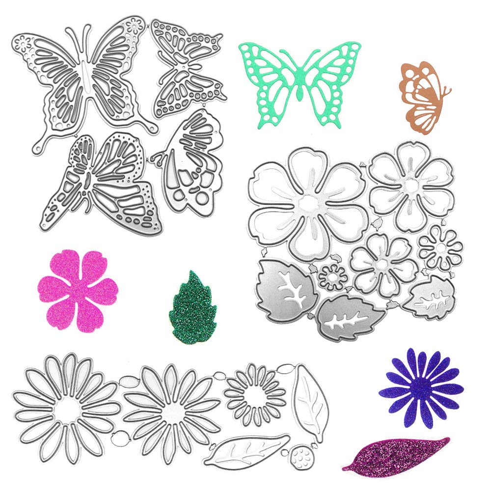 AFUNTA Metal Die Cuts Embossing Stencil Tool, 2 Sets Flower Leaves Shape 14 Styles 3D Die Cuts Stencil & 4 Pcs Butterfly Shape Cutting Dies for Album Decoration, Greeting Card DIY Craft Decoration