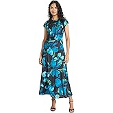 Maggy London Womens Ankle Length Floral Cap Sleeves Round Neckline Tie Belt Keyhole Back a Line Dresses