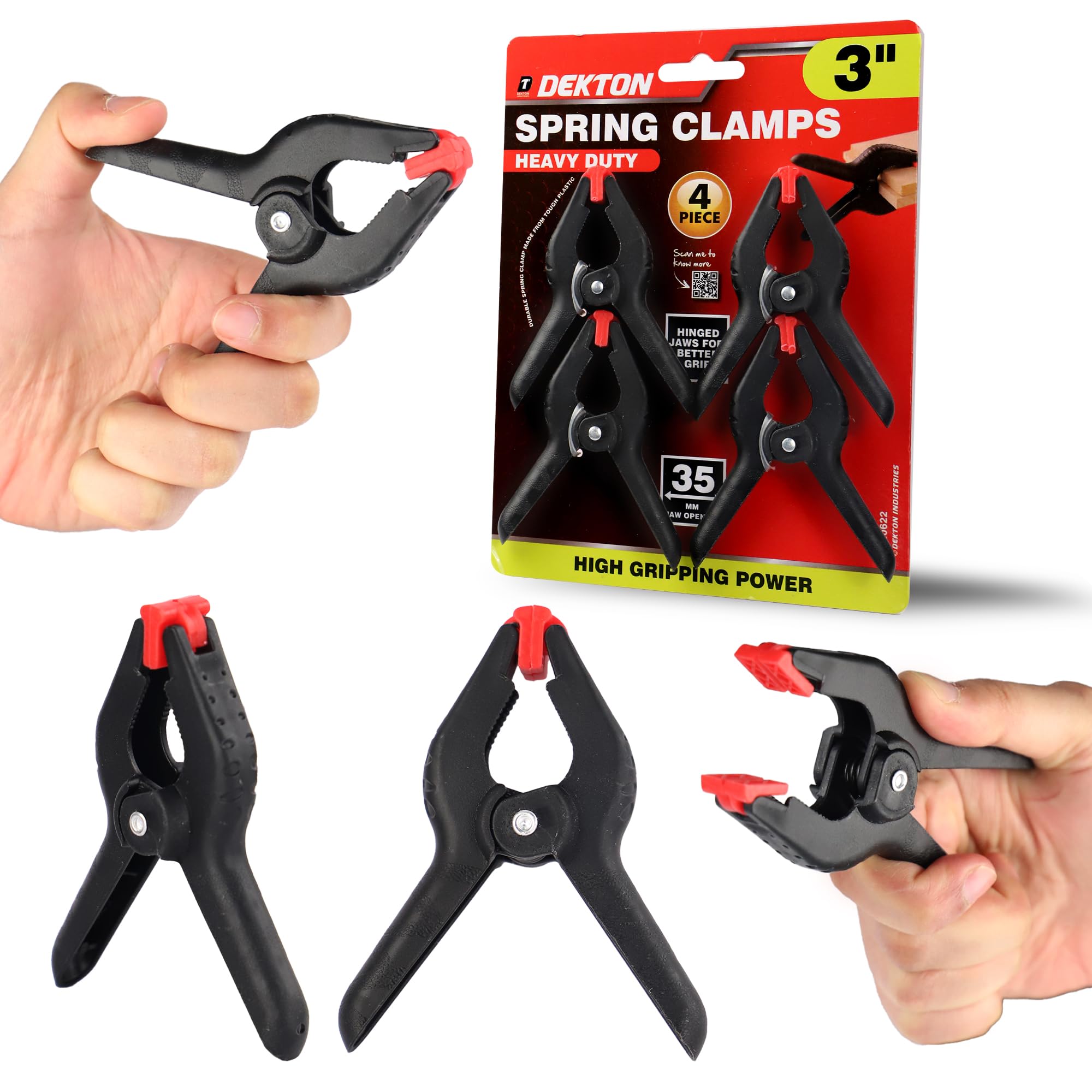 Dekton 4PC 3" Pro Clamp with 35mm Jaw Opening, Heavy Duty Rubber Non-Slip Grip, Durable Tough Plastic Construction, Hinged Jaws for Improved Grip on Uneven Surfaces, Ideal for Wood & DIY Projects