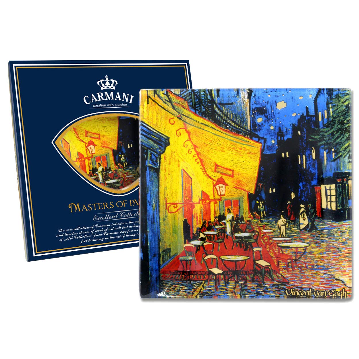 CARMANI - Square Glass Plate Art Print by Vincent Van Gogh 'CAFE TERRACE AT NIGHT' 13x13cm