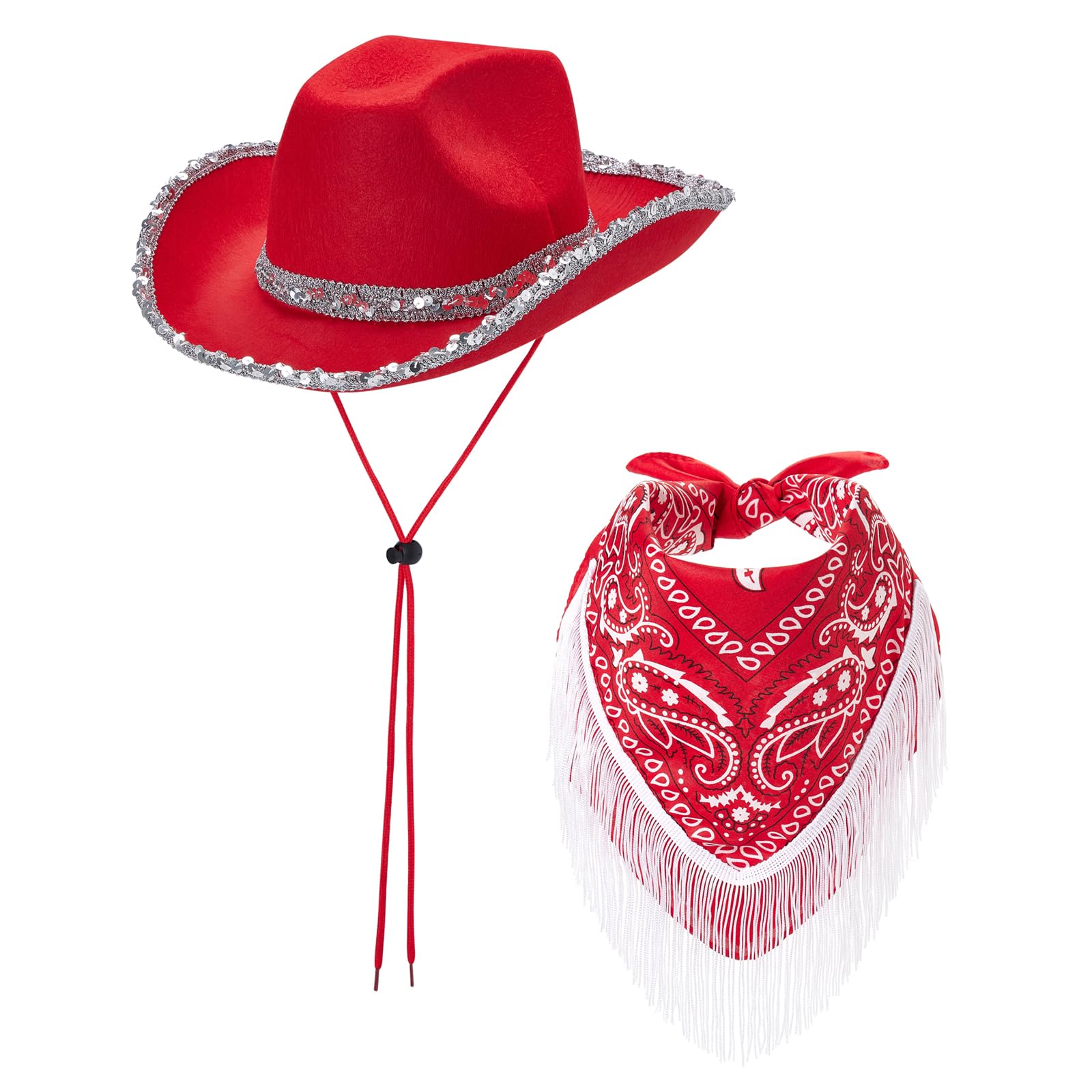Photo 1 of *****ONLY THE RED HAT****Juaugusep Western Cowboy Costume Set Bandana Wide Brim Western Style Sequins Cowgirl Hats & Tassel Scarf 2PCS Set for Party (Red Sequin, 2Pcs)
