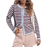 MakeMeChic Women's Striped Sweater Long Sleeve Button Down Crew Neck Contrast Binding Cardigan