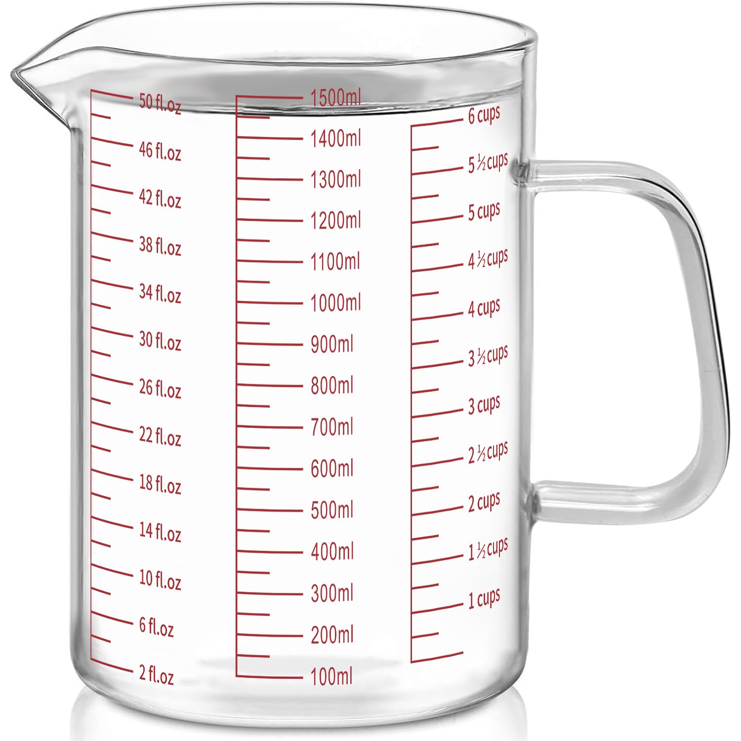 Luvan Glass Measuring Jug 1.5L/6 Cup, Easy to Read with 3 Measurement Scales (Ml/Oz/Cup), Insulated Handle and V-Shaped Spout, High Borosilicate Glass Measuring Jug, Ideal for Kitchen or Restaurant