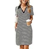 Glamaker Women T Shirt Summer Dress Casual Business Mini Loose V-Neck Short Sleeve Striped Dresses Pockets 2025 Trendy