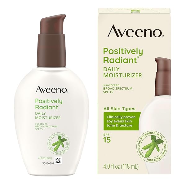 AVEENO POSITIVELY RADIANT DAILY FACE MOISTURIZER WITH SPF 15 SUNSCREEN, HYDRATING FACIAL MOISTURIZER WITH SOY EXTRACT TO IMPROVE SKIN TONE AND TEXTURE, HYPOALLERGENIC FORMULA, OIL-FREE, 4 FL OZ