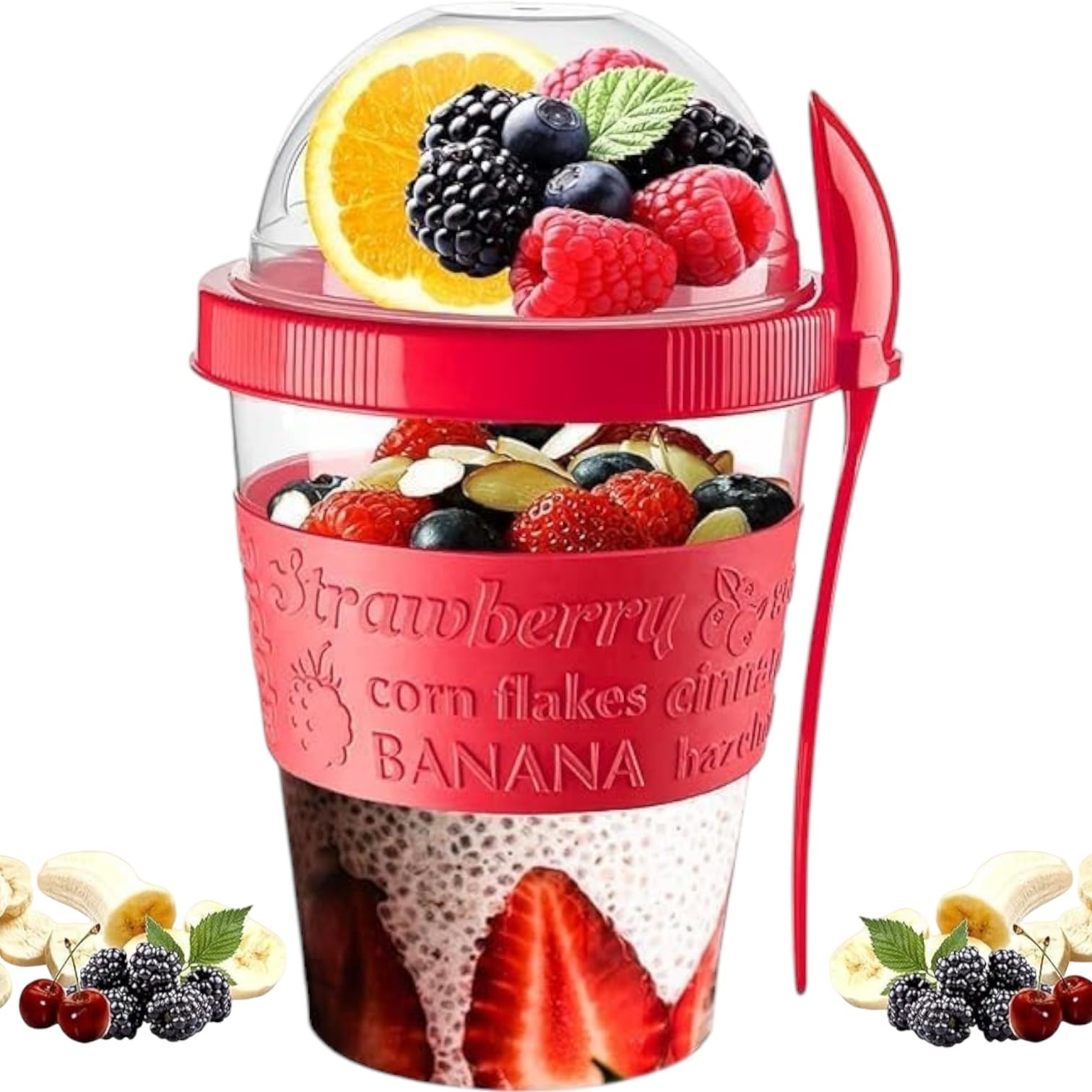 Pro Home Yogurt Pot With Spoon 20oz/600ml Bpa Free Reusable Airtight Dishwasher Safe On The Go Yoghurt Pots With Lids Museli Cereal Cup Containers Overnight Oats Jar Storage (Red)
