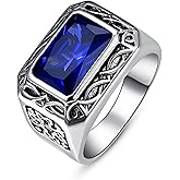 Yaresul 12x8mm Simulated Mens Gemstone Ring Stainless Steel Vintage Celtic Mens Ring, Blue|Red|Black Stone Signet Style Rings for Men Wedding Gift for Husband, Father, Grandpa Size 8-12