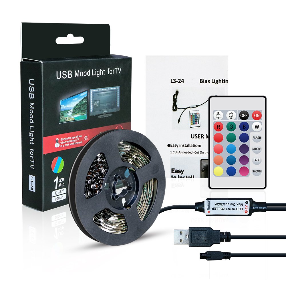 KUD LED Strip Lights, 6.56FT RGB Flexible 60 LEDs Multi Color USB TV Backlight with IR Controller 24Keys Remote for in 40-60 HDTV, Computer, Background Lighting