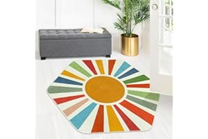 STARUIA Rainbow Machine Washable Rug for Playroom Kids Room, 4'x 4'7" Boho Sun Kids Rug for Girls Boys, Non-Slip Sunshine Carpet Small Play Rug for Classroom Reading Corner Dorm
