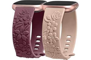 Minyee 2 Pack Floral Engraved Band Compatible with Fitbit Versa 4/Versa 3/Sense 2/Sense Band Women, Cute Embossed Silicone Wildflower Rose Design Soft Sport Fancy Summer Replacement Strap for Versa 4