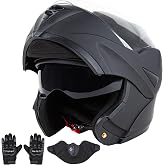 CARTMAN Flip Up Full Helmet Medium, DOT Approved Dual Visor for Adult | Matte black helmet. Adult/Teen. DOT ABS, vented, weatherproof, adjustable. Goggles/gloves. Street, dirt, snow.