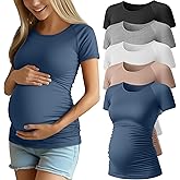 Ficerd 5 Pack Women's Maternity Shirts Short Sleeve Side Ruched Pregnancy Tops Raglan Tee Tunic Casual Mama Clothes