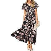 Simplee Womens Floral Maxi Dress Short Sleeve Summer Boho Wedding Guest Dress Empire Waist Chiffon Modest Midi Dresses