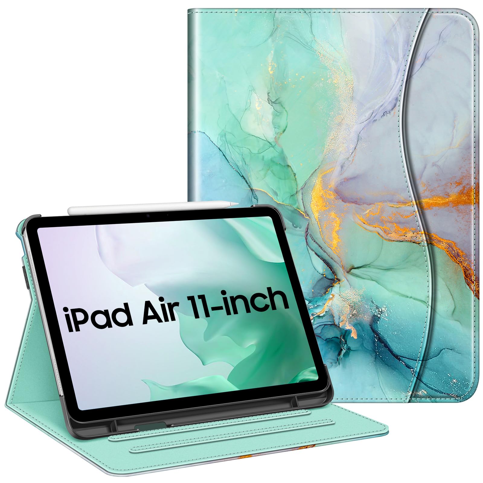 FINTIE Case for iPad Air 11 Inch M4 (2026)/M3 (2025)/M2 (2024), iPad Air 5th Generation (2022) 10.9 Inch - [Multi-Angle ] Folio Stand Protective Cover with Pencil Holder & Pocket, Emerald Marble