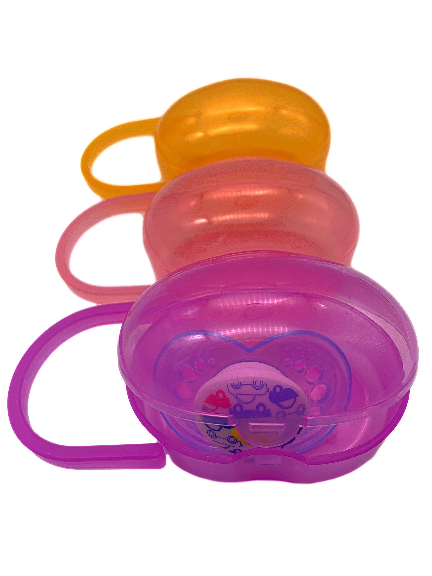 Baby Dummy Case by Akeekah | 3 Pack - Purple, Pink & Orange | Easy-Clean Dummy Holder and Pacifier Case with Cute and Colourful Designs | Safe BPA-Free and Versatile Soother Holder with Free Mesh Bag