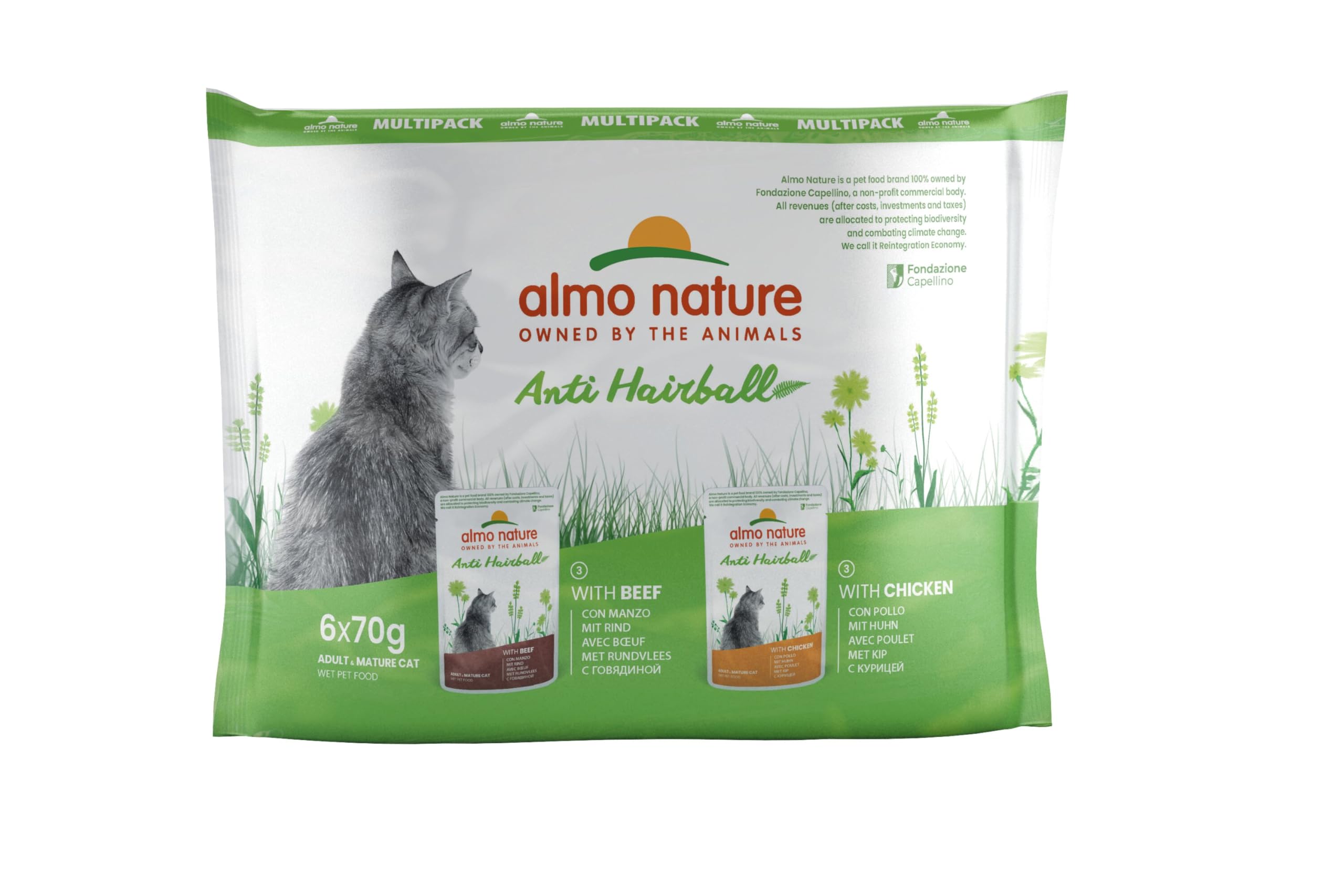 Almo Nature Functional - Anti Hairball - Wet Food for Adult and Mature Cats - with Beef and Chicken - Prevents Hairball Formation - 70g (Pack of 6)