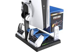 HASTRAITH Stand with Cooling Station & Dual Controller Charging Station for PS5 Console,Digital/Disc Edition, Benazcap PS5 Accessories Cooling Stand with Charge Stock, Headset Holder and15 Game Slot,Black