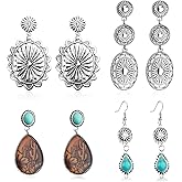 4 Pairs Western Earrings for Women,Vintage Silver Oval Teardrop Earrings,Bohemian Turquoise Pendant Earring,Country Cowgirl Jewelry Accessories Gifts for Women