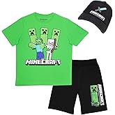 Minecraft Boys 3-Piece Set - Short Sleeve Graphic T-Shirt, Shorts, and Baseball Cap Outfit for Kids