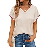 Tankaneo Womens V Neck Oversized Tops Short Sleeve Color Block Tee Shirts Summer Casual Loose Fit T Shirts