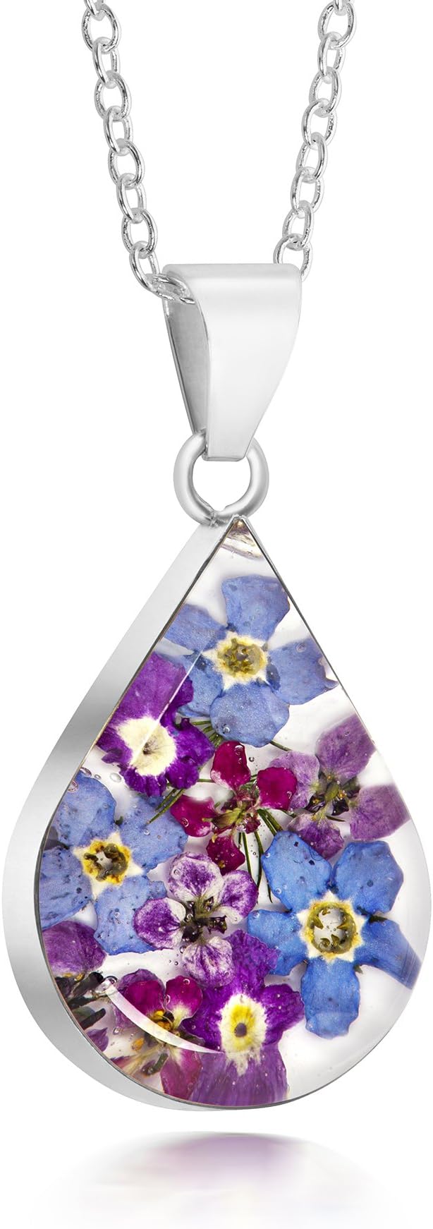 Sterling Silver Medium Tear Drop Pendant Made with Real Flowers Purple Mix …
