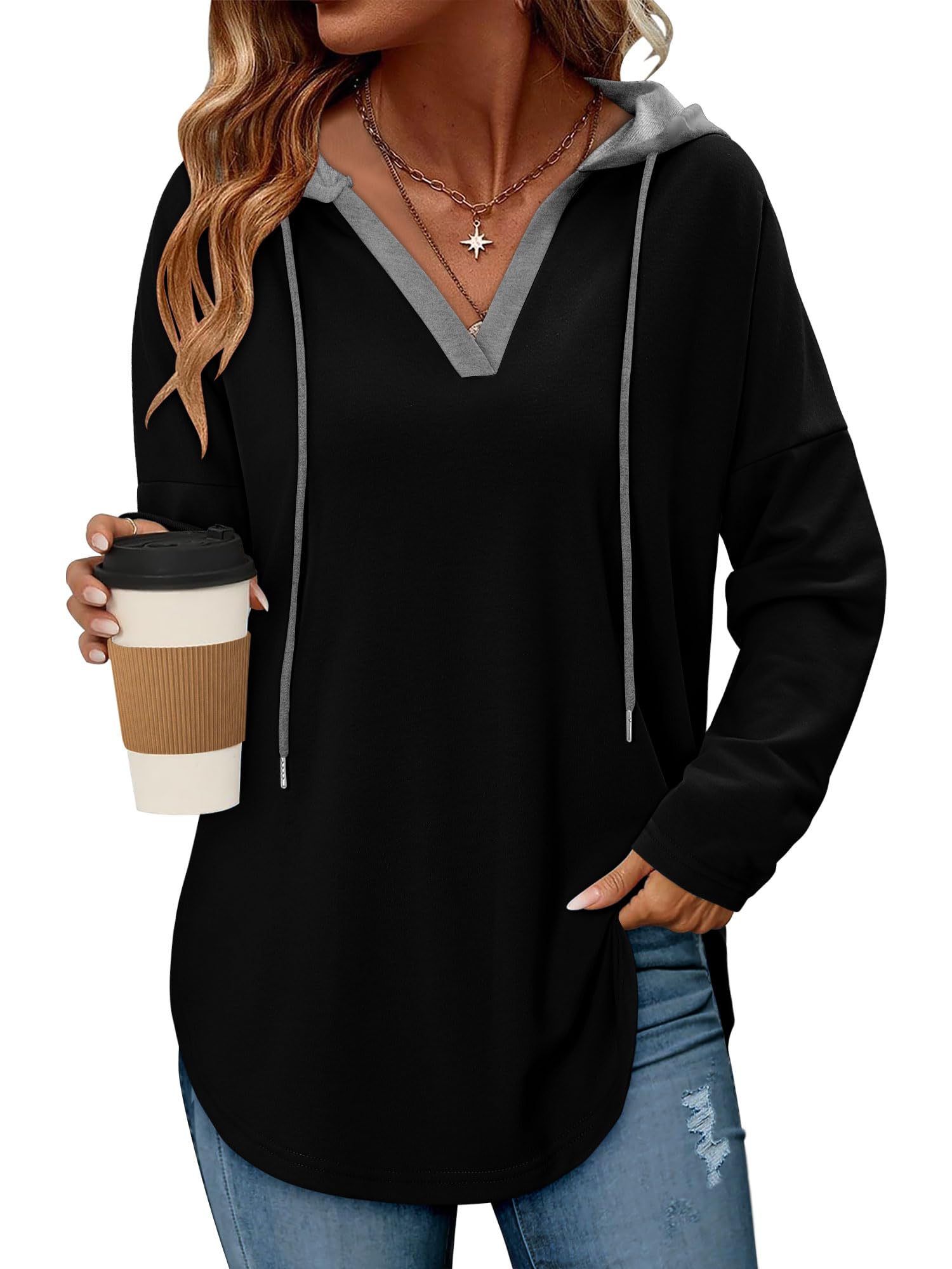 Photo 1 of Angerella Women's Plain Hoodies Cotton Light Weight Pullover Sweatshirt Loose Fit Long Sleeve Fall Shirts Black Grey XL