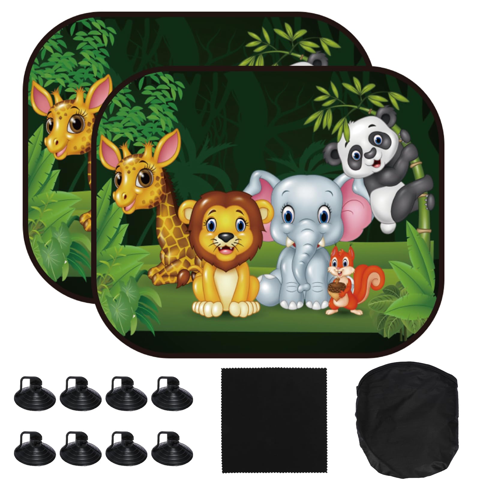 MONCAP 2 Pack Car Window Shades for Baby Car Sun Shade Cars Rear Sunshades UV-Protection Sun Visor for Car with Cartoon Animal Pattern 8pcs Suction Cups Storage Bag to Protect Baby Kid Teen Pet
