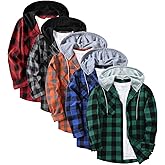 SwissWell 5 Pack Mens Long Sleeve Button-up Hoodie Loose Fit Plaid Hooded Shirts Fall Flannel Shirt with Hood