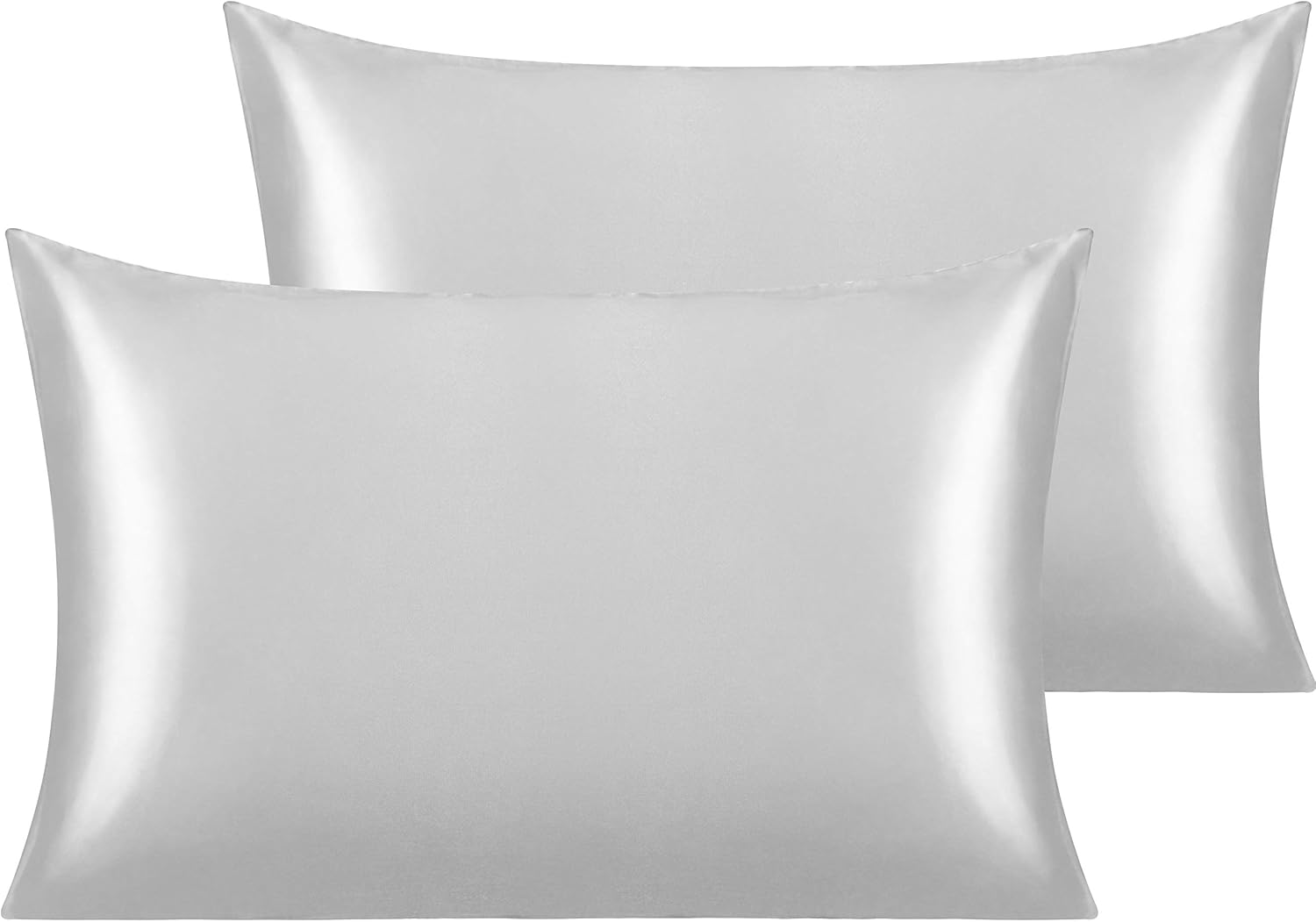 NTBAY 2 Pack Satin Standard Pillowcases for Hair and Skin, Luxurious and Silky Pillow Cases with Envelope Closure, 20 x 26 Inches, Silver Grey