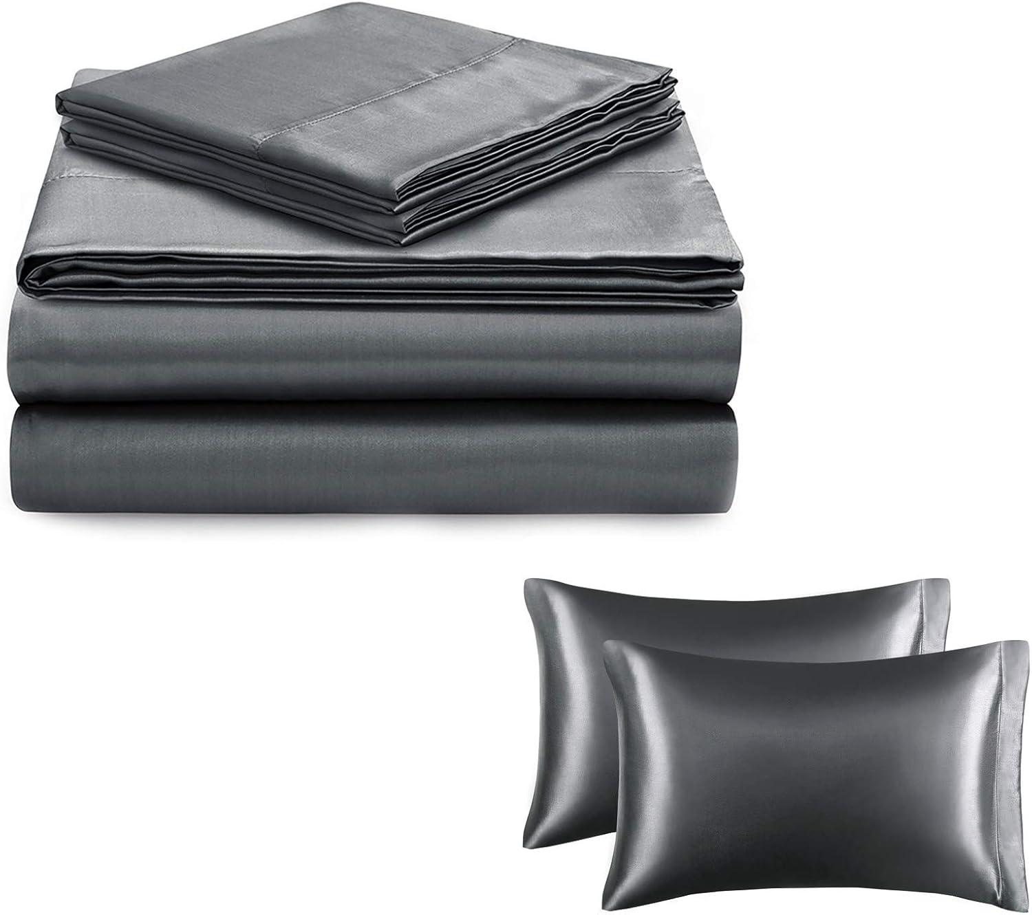 Vonty Grey Satin Sheets Set and Queen Size Satin Pillowcase for Hair and Skin in