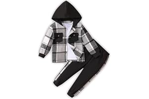 Sislerew Toddler Boy Clothes Plaid Hooded Shirt White T-shirt Top and Solid Color Pants 3Pcs Winter Boys Clothes