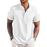 COOFANDY Men's Casual Henley Shirt Short Sleeve Band Collar Linen Shirt Summer Beach Hippie T-Shirts