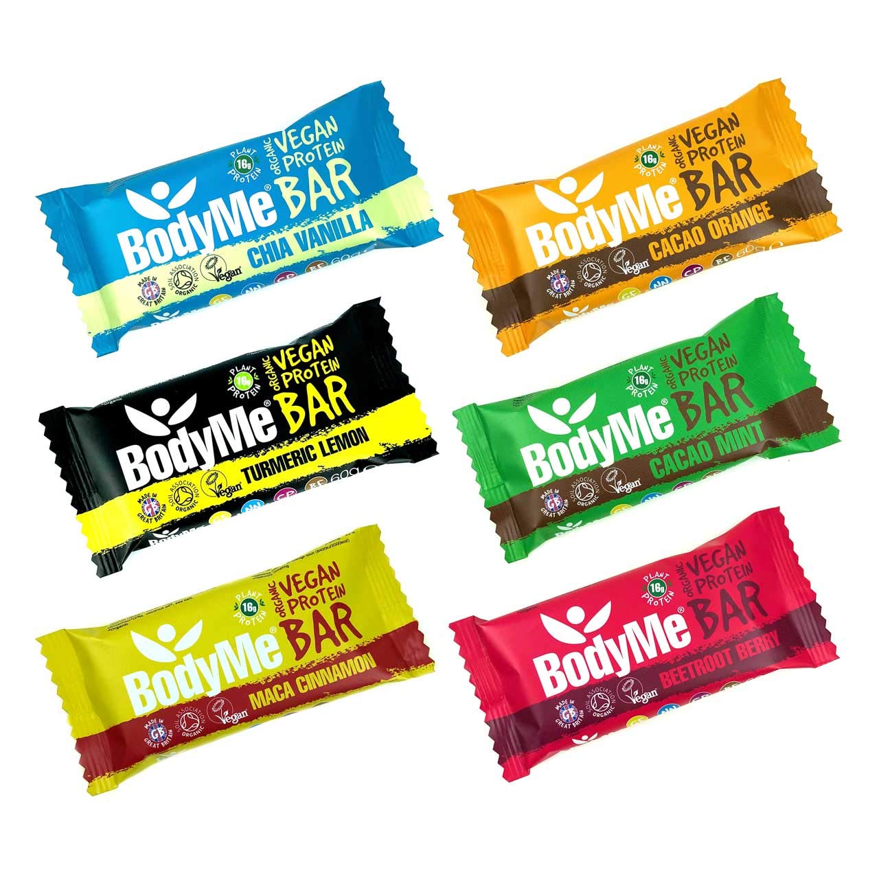 BodyMe Organic Vegan Protein Bar, Mixed Trial Pack - 16g Plant Based High Protein Snack Bars with Amino Acids - Gluten and GMO Free, 6 x 60g