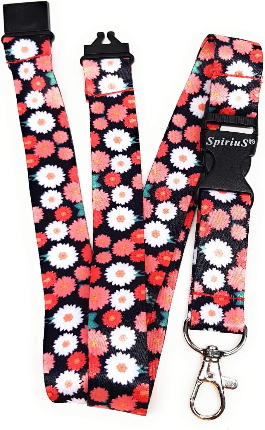 SpiriuS Neck Strap Lanyard with Strong Metal Clip for ID Badge Holder Key Holder (Daisies in Black)