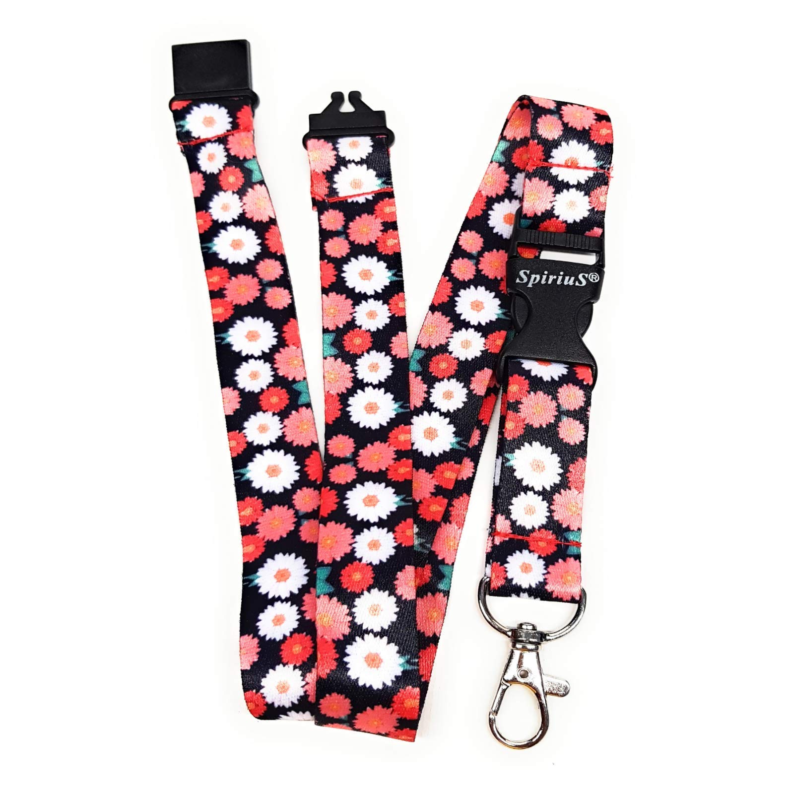 SpiriuS Neck Strap Lanyard with Strong Metal Clip for ID Badge Holder, Key Holder (Daisies in Black)