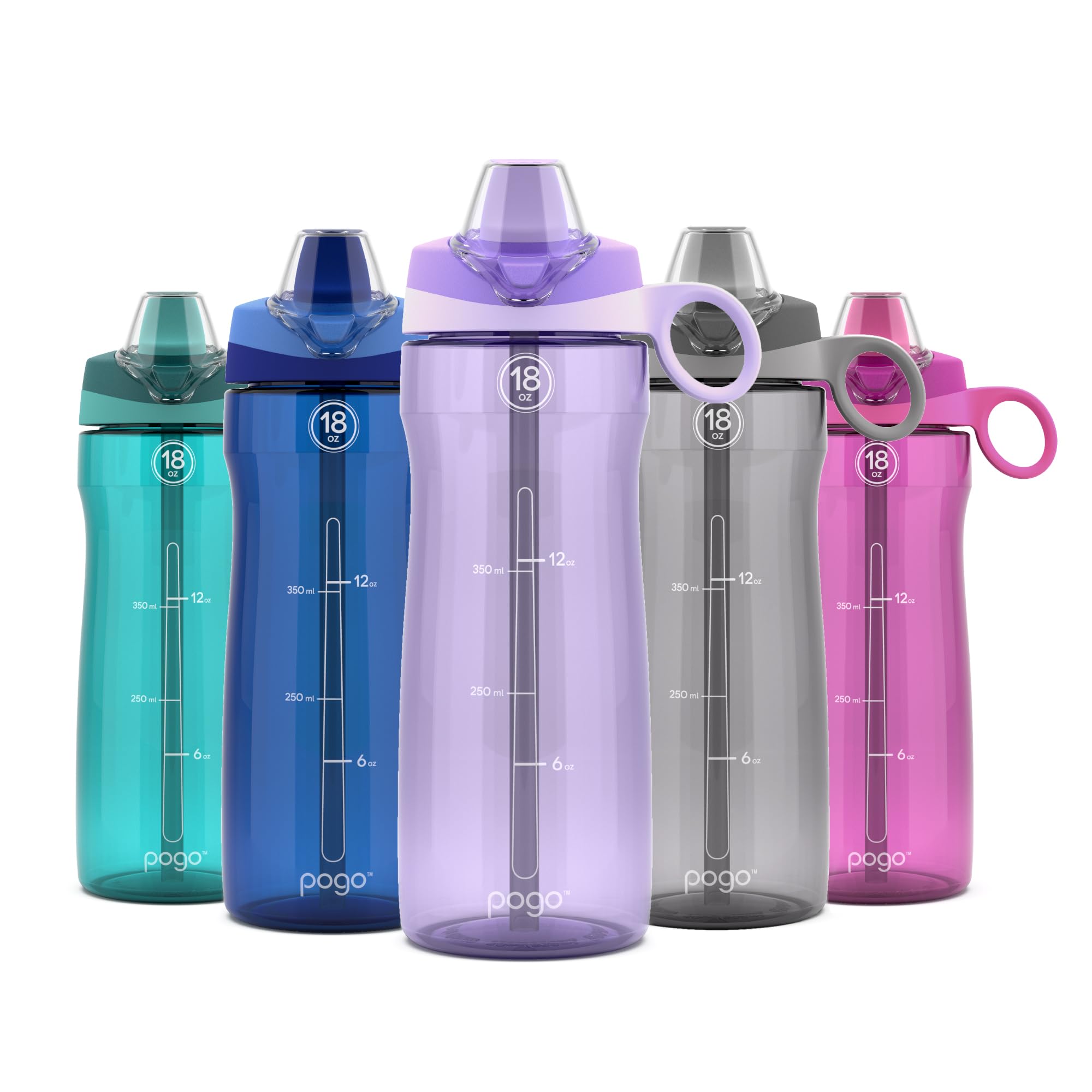 Pogo Plastic Water Bottle with Soft Straw Lid and Carry Handle, BPA Free, Dishwasher Safe, 18oz, Lilac (Pack of 6) Image