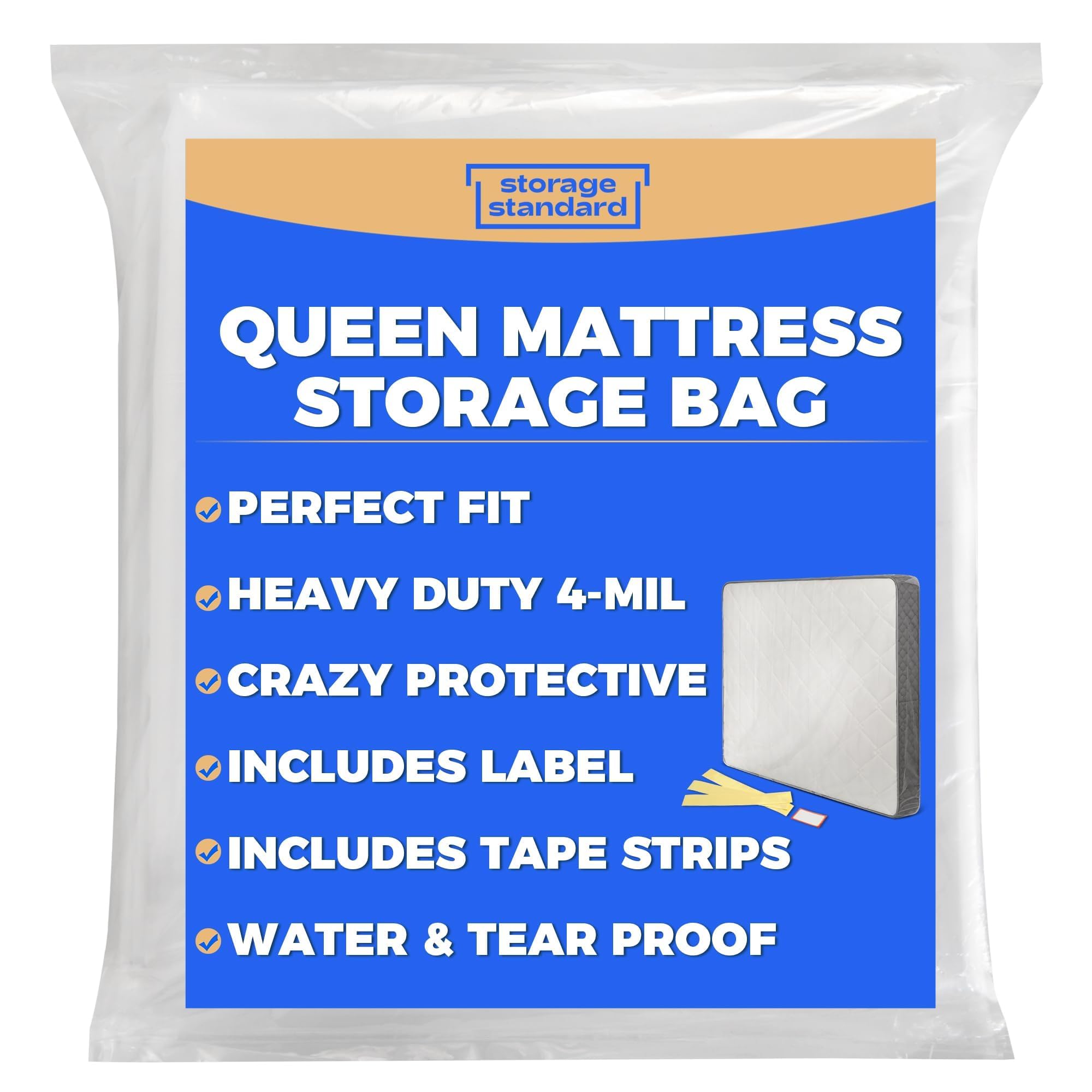 Photo 1 of Queen Mattress Bags for Moving & Storage - Heavy Duty Thick 4mil Reusable Bag Mattresses Covering, Waterproof Plastic Perfect Bed Fit - Clear, 100 × 64 x 15 Inches