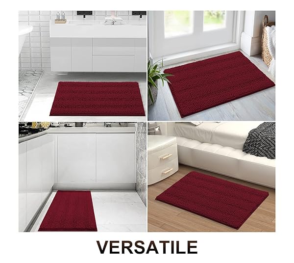 GRANDAILY CHENILLE STRIPED BATHROOM RUGS 47X20, EXTRA THICK AND ABSORBENT BATH MATS, NON-SLIP SOFT PLUSH SHAGGY SHOWER CARPET, MACHINE WASH DRY, BATH RUG FOR BATHROOM, BURGUNDY