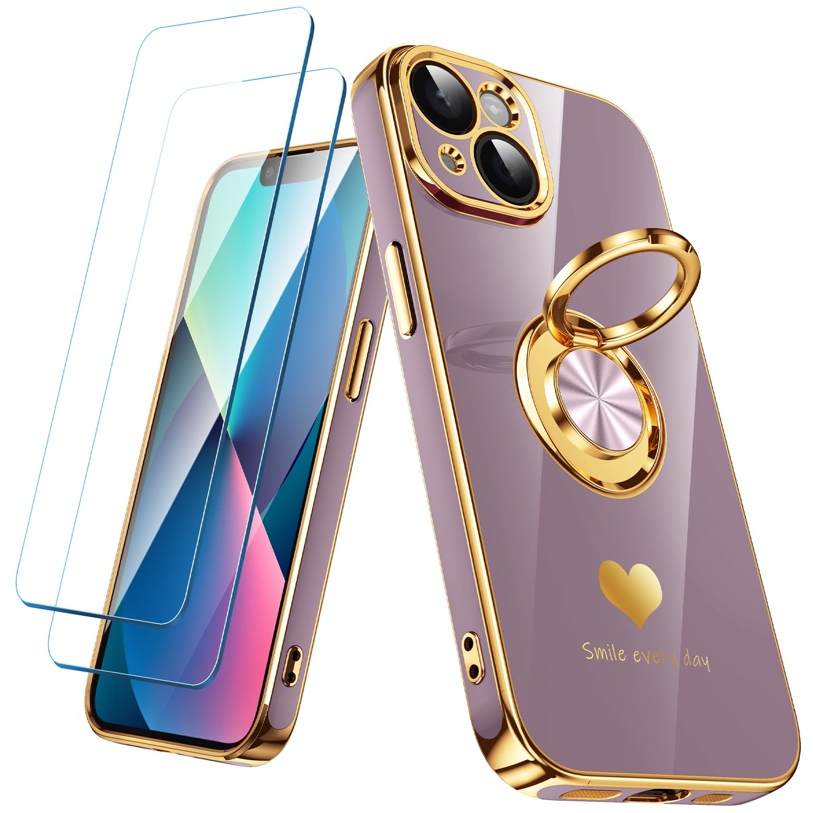 Nonional Compatible for iPhone 13 Case with 2 Pack Screen Protector, 360° Rotatable Ring Holder [Luxury Hearts Pattern] Plating Gold Edge Slim Soft Phone Cover Case for iPhone 13 - Light Purple