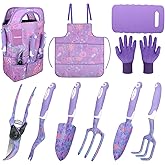 iHansee Purple Garden Tool Sets 10-Piece, Aluminum Alloy Steel Hand Tools w/Non-Slip Ergonomic Handle, Floral Print Garden Supplies Organizer Handbag, Cute Gardening Tools Gift for Women Grandmother