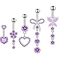 BSJ4U Belly Button Ring Dangle Navel Belly Piercing Jewelry Cute Pink CZ Heart Butterfly Bow Flower Navel Belly Rings for Women 14G Silver Stainless Steel Dainty Dangly Dangling Belly Button Piercing