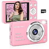 Digital Camera, FHD 4K 64MP Point and Shoot Kids Digital Camera with 64GB Card,18X Zoom, Anti Shake, Compact Small Cameras for Kids Gifts for Teens Girls Boys