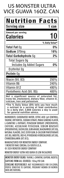 MONSTER ENERGY ULTRA VICE GUAVA, SUGAR FREE ENERGY DRINK, 16 OUNCE (PACK OF 15)