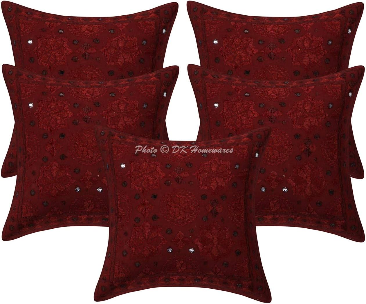 DK Homewares Cotton Decorative Indian Boho Cushion Covers 40x40 cm Maroon Mirrored Star Moon Embroidered Accent Throw Pillow Covers 16 x 16 Inch inches Square Couch Cushion Covers (Set Of 5)