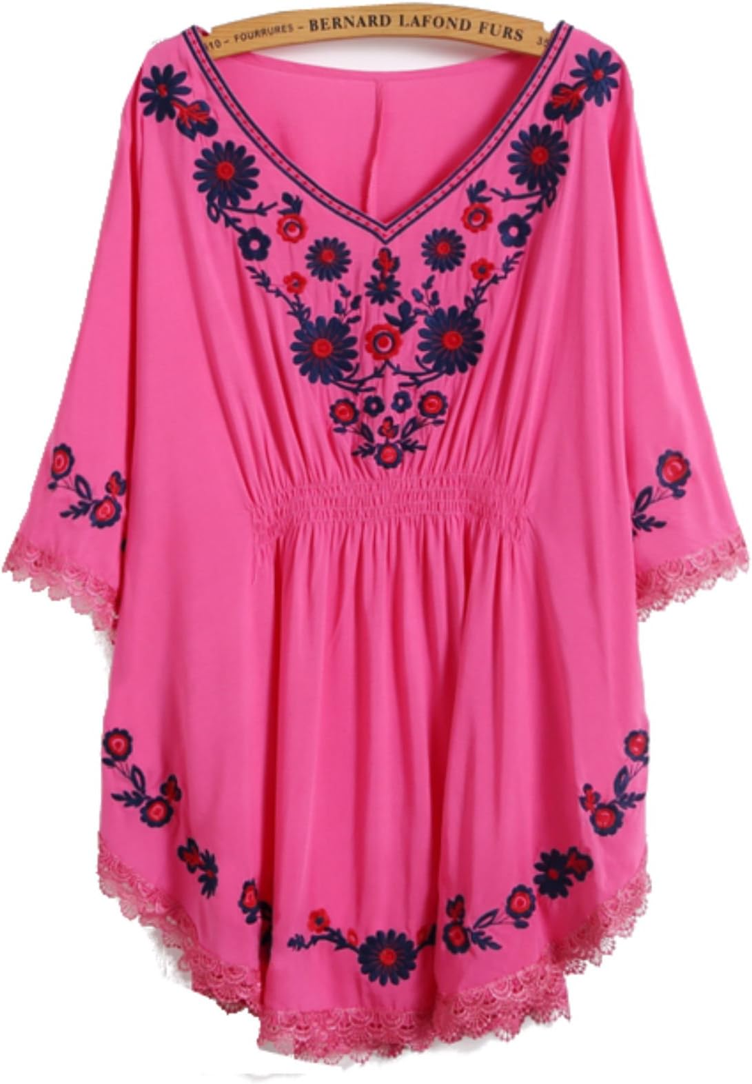 VNAS Women's Embroidered Kaftan Crinkle Peasant Blouse Shirt Plus Size Embroidered Tunic Tops